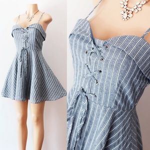 Denim Blue Stripe Laced Up Fit Flare Skater Dress